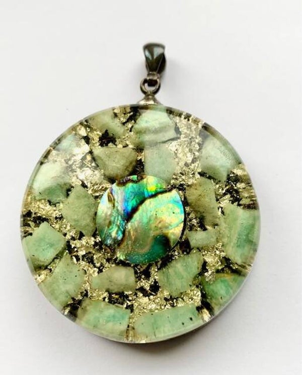 Grote Orgonite Hanger Amazoniet, Abalone, Shungite, Herkimerdiamant, Zilver#G3