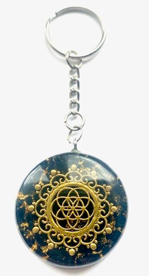 Sleutelhanger Orgonite Granaat, Flower of life, Shungite, Herkimerdiamant, Dubbeleider