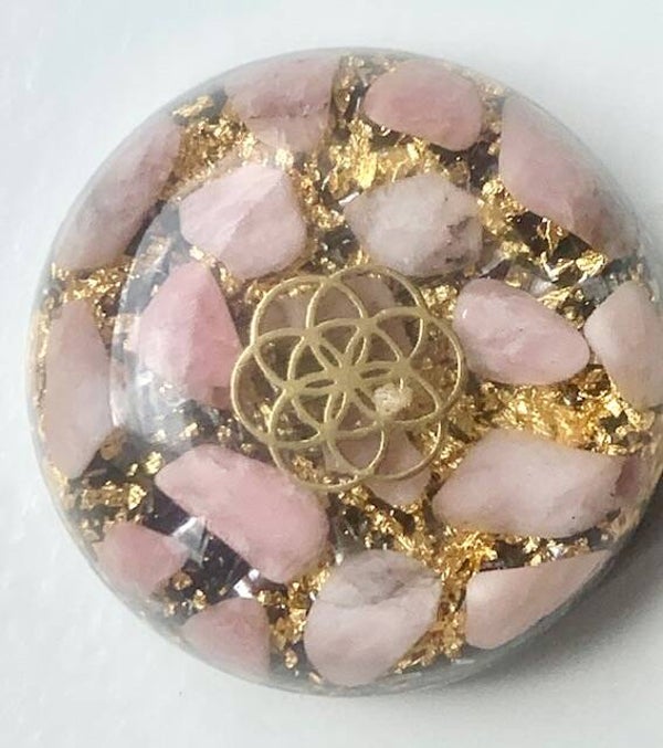 Bolle Orgonite Buster Aardbeienkwarts, Levensbloem, Shungite, Herkimerdiamant, Dubbeleinder, Goud