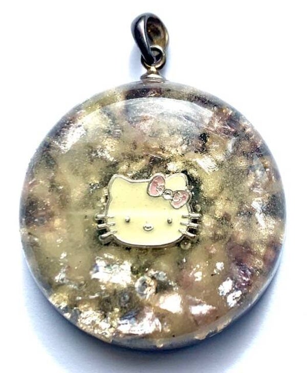 Kleine Orgonite Hanger Hello Kitty, Rozenkwarts, Lepidoliet, Shungite, Herkimerdiamant, Zilver #29