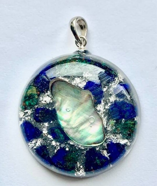 Orgonite Hanger Small Azuriet met Malachiet, Abalone, Shungite, Herkimerdiamant, Zilver #10