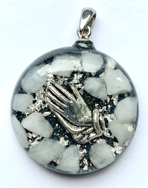 Kleine Orgonite Hanger Witte Jade, Namastehandje, Shungite, Herkimerdiamant, Zilver #24