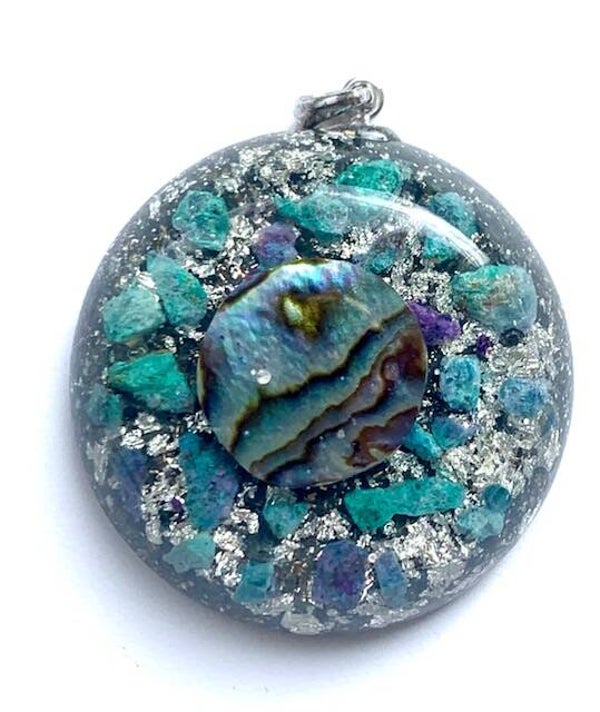 Middenmaat Orgonite Hanger Amazoniet, Abalone, Shungite, Herkimerdiamant, Zilver #M8