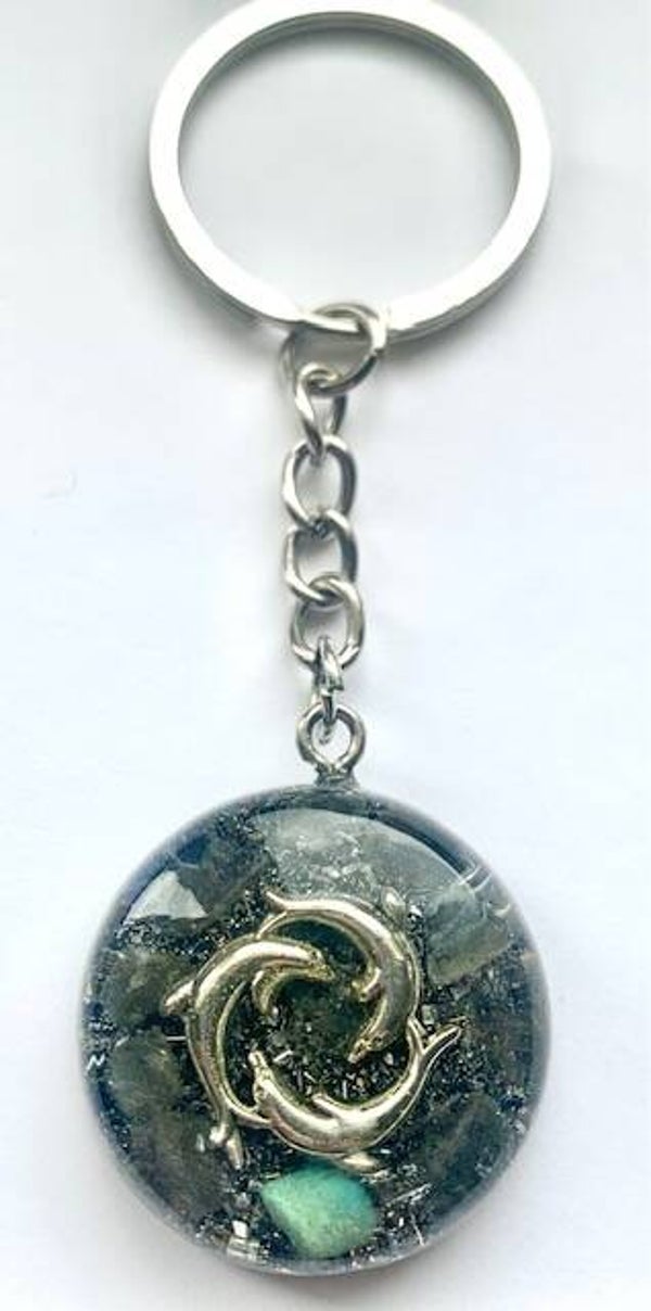 Orgonite Sleutelhanger Dolfijntjes, Labradoriet, Shungite, Herkimerdiamant, Dubbeleinder