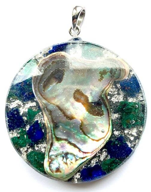 Middenmaat Orgonite Hanger Azuriet met Malagiet, Abalone, Shungite, Herkimerdiamant, Zilver #M19