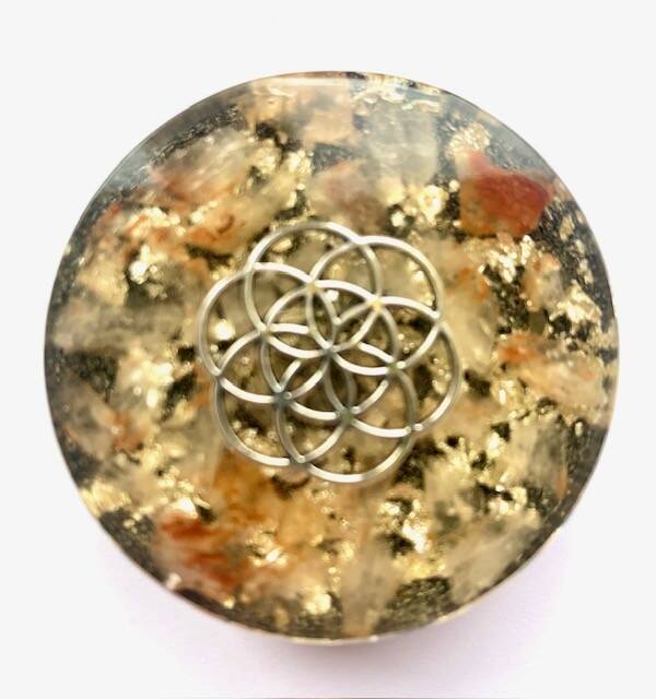 Midden Orgonite Buster Maria Magdalena kwarts, Levensbloem, Shungite, Herkimerdiamant, Dubbeleinder, Zilver