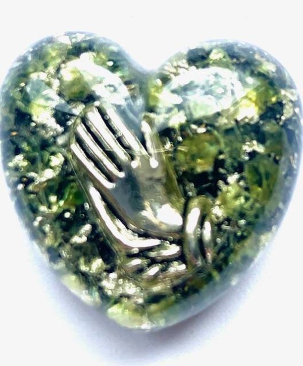 Orgonite Mini Hartje Olivijn/Peridoot, Namaste handjes, Shungite, Herkimerdiamant, Dubbeleinder, Zilver