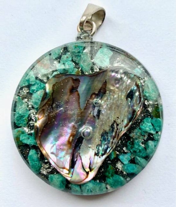 Middenmaat Orgonite Hanger Amazoniet, Abalone, Shungite, Herkimerdiamant, Zilver #M16