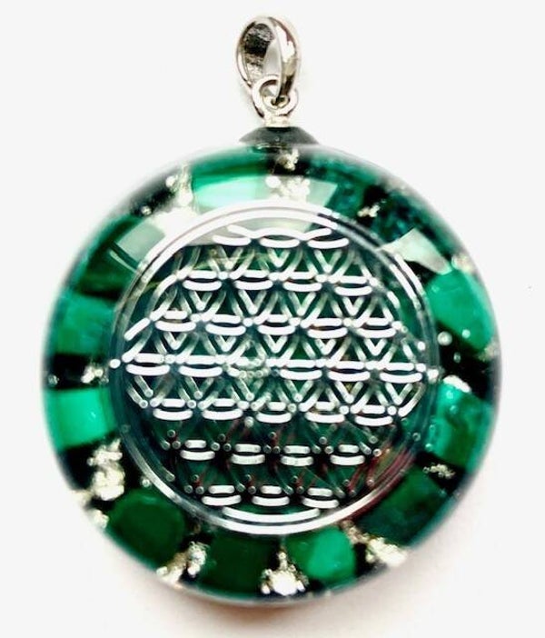 Orgonite Hanger Small Malachiet, Flower of Life, Shungite, Herkimerdiamant, Zilver #14