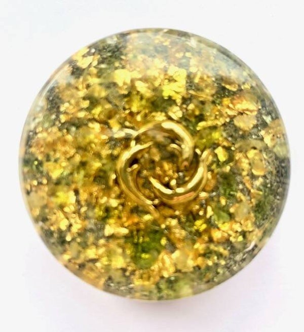 Midden Orgonite Buster Olivijn/Peridoot, Dolfijntjes, Shungite, Herkimerdiamant, Dubbeleinder, Goud