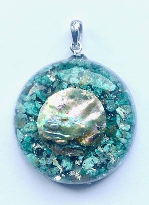 Orgonite Hanger Small Amazoniet, Abalone,  Shungite, Herkimerdiamant, Zilver #5