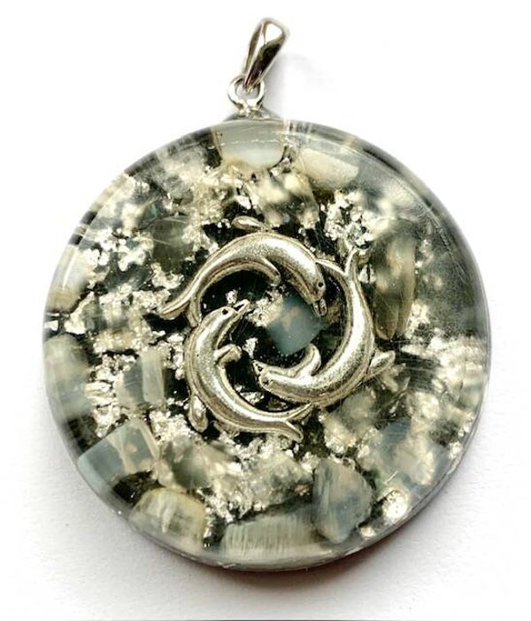 Middenmaat Orgonite Hanger Maansteen, Dolfijntjes, Shungite, Herkimerdiamant, Zilver #M22
