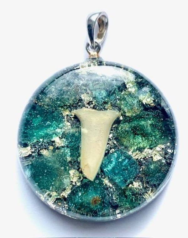Kleine Orgonite Hanger Haaientand Apatiet, Shungite, Herkimerdiamant, Zilver #32