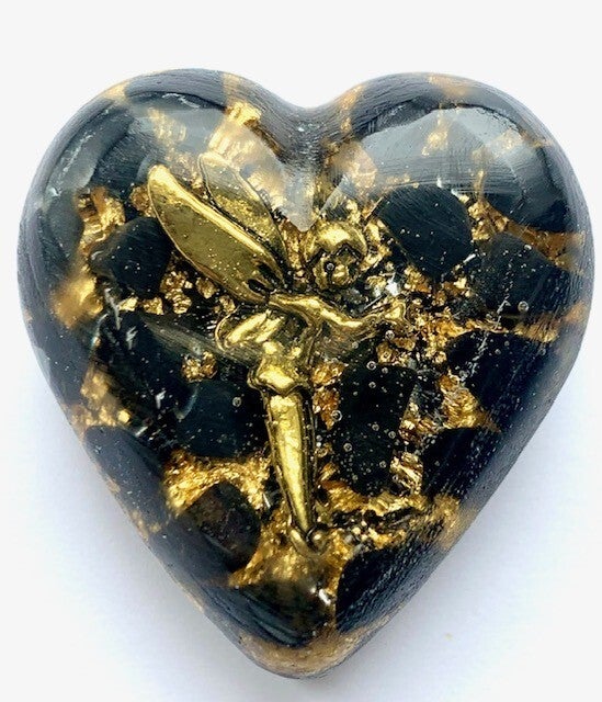 Orgonite Hartje Zwarte Toermalijn, Elfje,  Shungite, Herkimerdiamant, Dubbeleinder, Goud