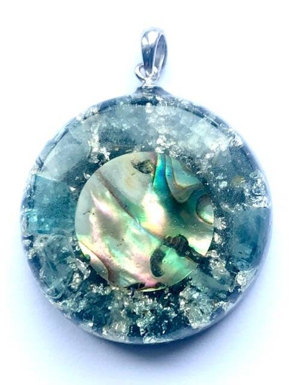 Orgonite Hanger Small Abalone, Amazoniet, Shungite, Herkimerdiamant ,Zilver #6