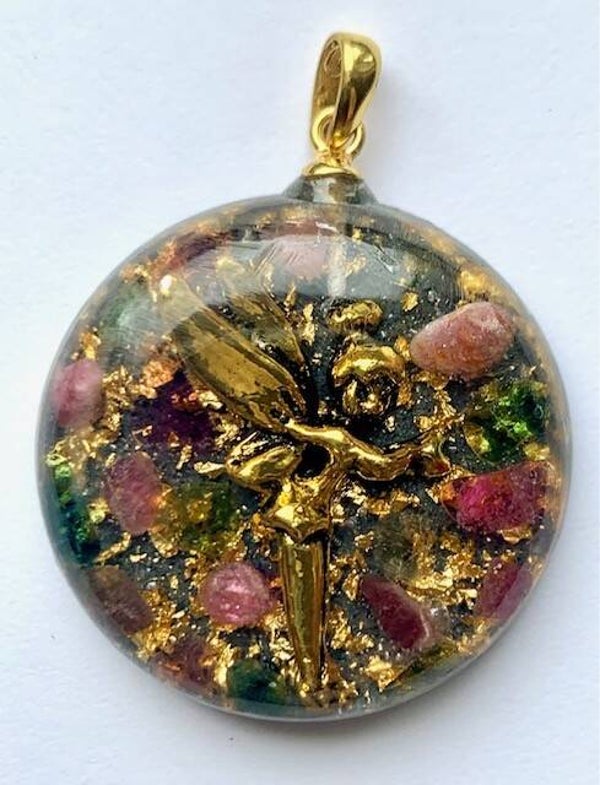 Kleine Orgonite Hanger Watermeloentoermalijn, Tinkebel, Shungite, Herkimerdiamant, Goud #22