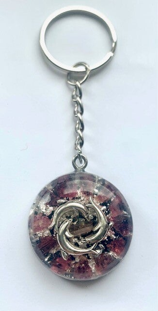 Sleutelhanger Orgonite, Roze Toermalijn, Dolfijntjes,  Shungite, Herkimerdiamant, Dubbeleinder, Zilver