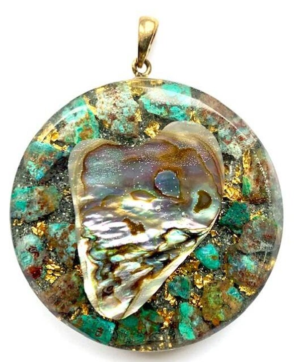 Middenmaat Orgonite Buster Amazoniet, Abalone, Shungite, Herkimerdiamant, Goud #M18