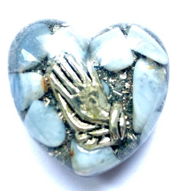 Orgonite Mini Hartje Chalcedoon, Namaste handjes, Shungite, Herkimerdiamant, Dubbeleinder, Zilver