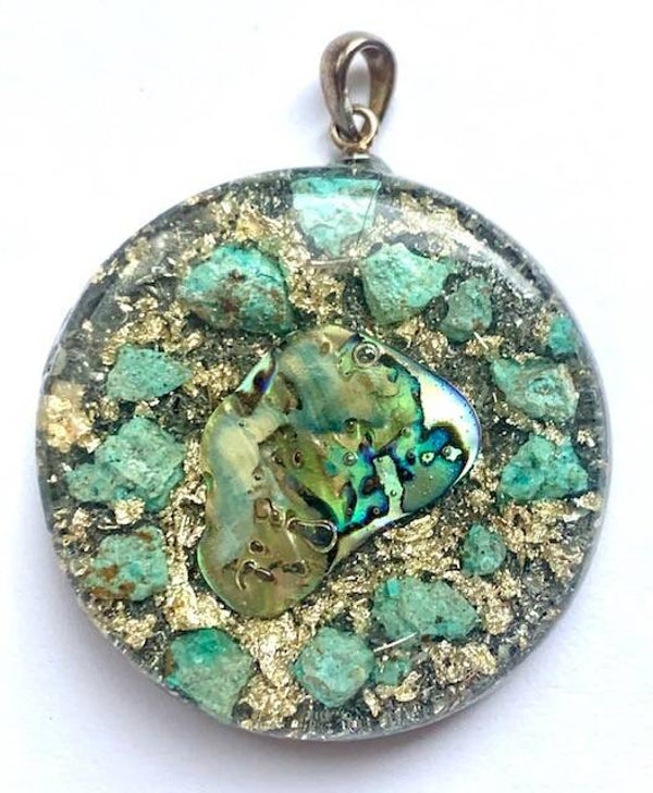 Middenmaat Orgonite Hanger Amazoniet, Abalone, Shungite, Herkimerdiamant, Zilver #M7