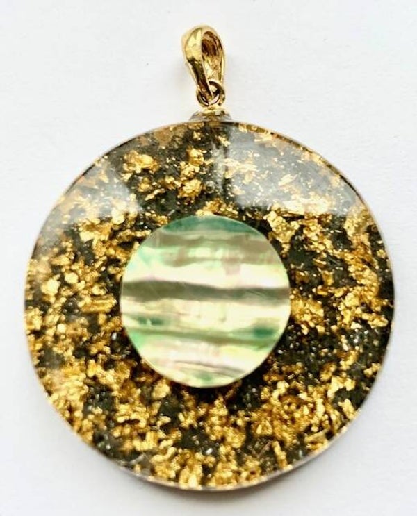Middenmaat Orgonite Hanger Abalone, Shungite, Herkimerdiamant, Goud #M14
