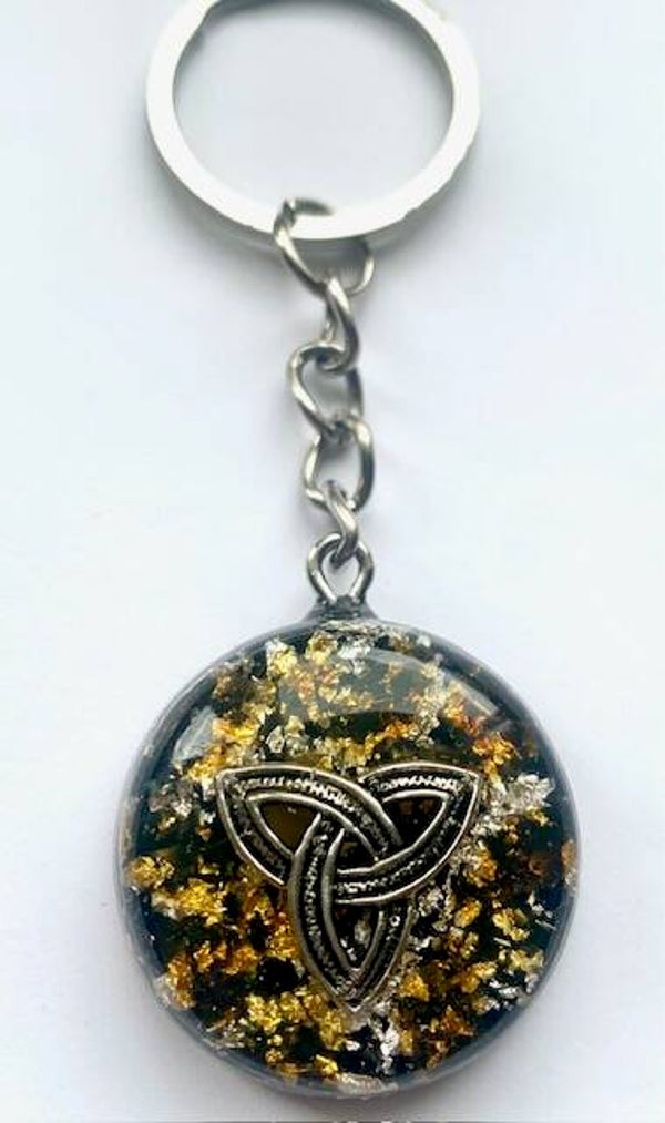 Orgonite Sleutelhanger Keltische Knoop, Amber/Barnsteen, Shungite, Herkimerdiamant, Dubbeleinder, Zilver