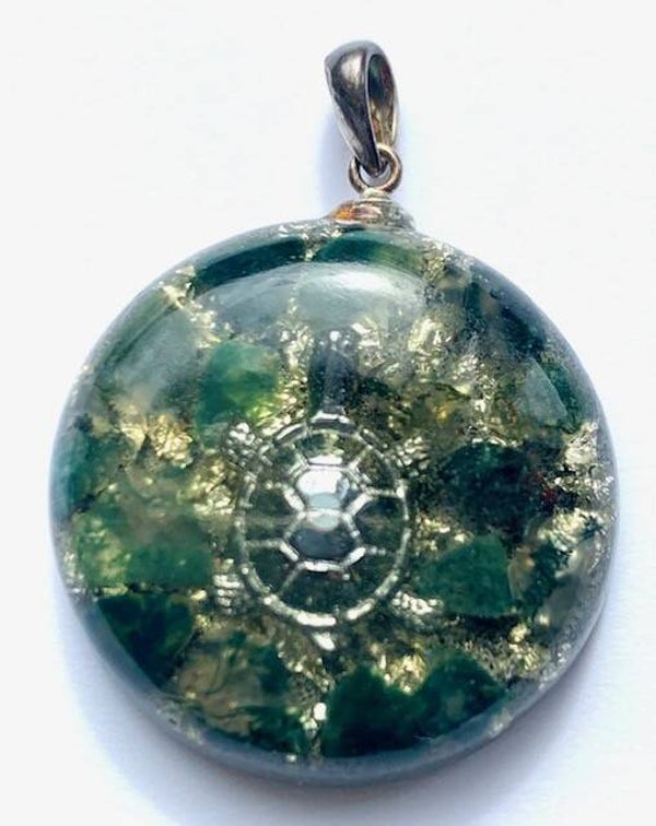 Kleine Orgonite Buster Schildpad, Mosagaat, Shungite, Herkimerdiamant, Zilver #35