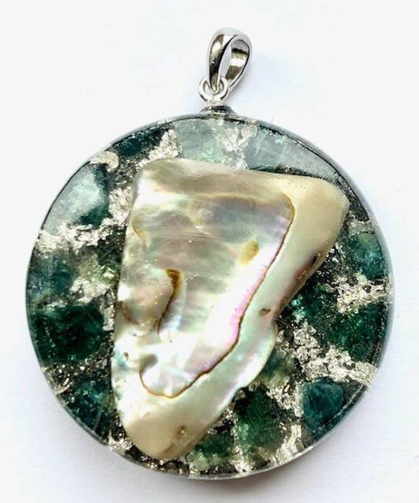 Middenmaat Orgonite Hanger Apatiet, Abalone, Shungite, Herkimerdiamant, Zilver #M20