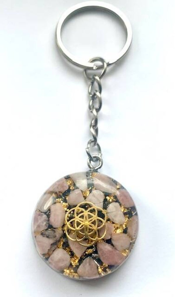 Orgonite Sleutelhanger Flower of Life Goud, Aardbeienkwarts, Shungite, Herkimerdiamant, Dubbeleinder Goud