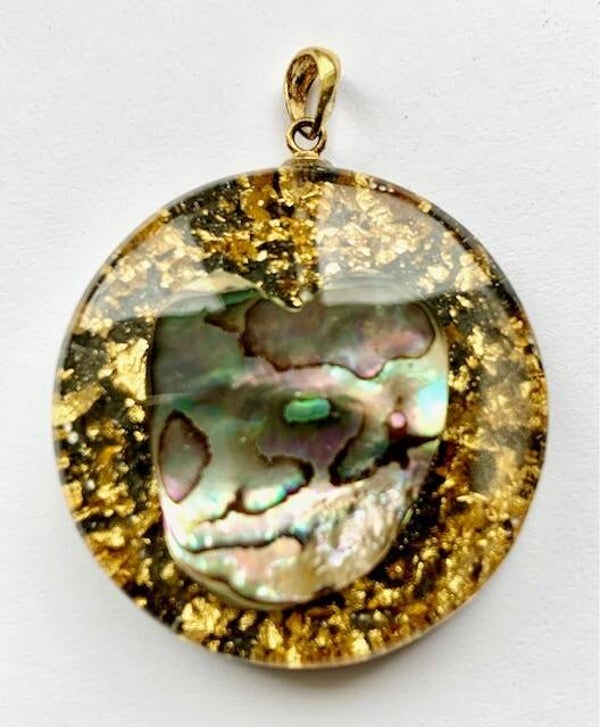 Middenmaat Orgonite Hanger Abalone, Shungite, Herkimerdiamant, Goud #M15