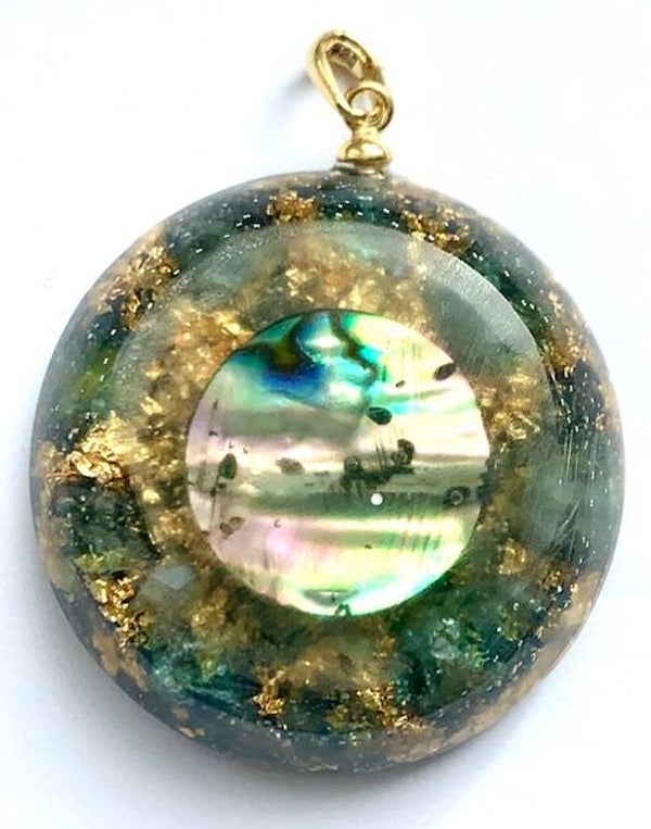 Middenmaat Orgonite Hanger Apatiet, Abalone, Shungite, Herkimerdiamant, Goud #3