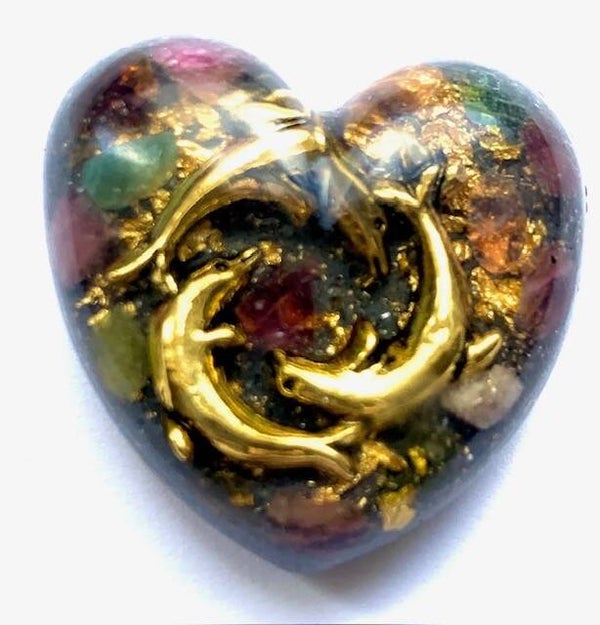 Orgonite Mini Hartje Hyacintmix, Dolfijntjes, Shungite, Herkimerdiamant, Dubbeleinders, Goud