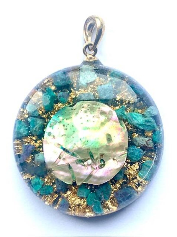 Orgonite Hanger Small Amazoniet, Abalone, Shungite, Herkimerdiamant, Goud #7