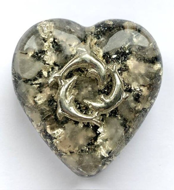Orgonite Hartje Rozenkwarts, Dolfijntjes, Shungite, Herkimerdiamant, Dubbeleinder,  Zilver