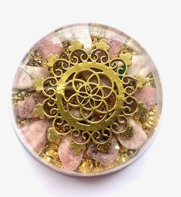 Grote Orgonite Buster Aardbeienkwarts, Levensbloem, Shungite, Herkimerdiamant, Dubbeleinder, Goud
