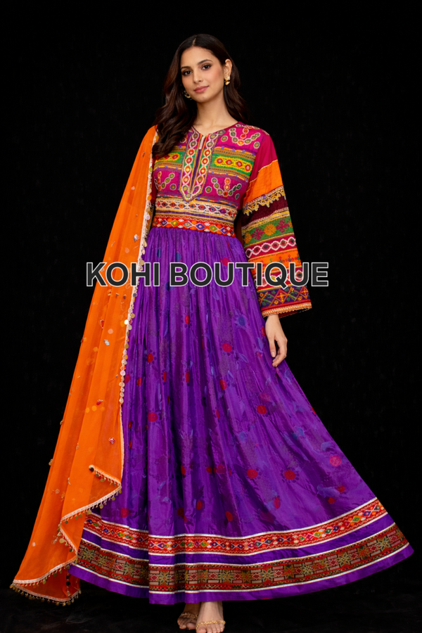 Tradisjonell Afghansk Kjole – Lilla med Oransje Sjal