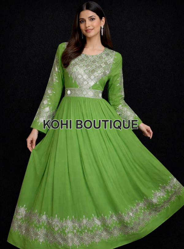 Afghansk kjole med maskinbroderi – Grønn eleganse