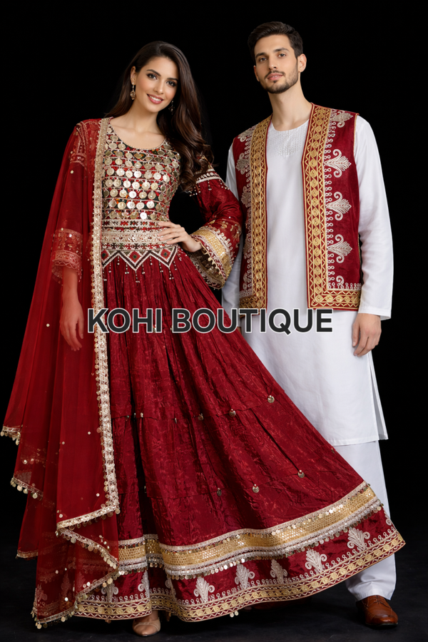 Komplett Afghansk Tradisjonelt Sett – Kjole, Sjal & Herrevest