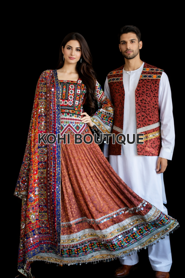 Afghansk Tradisjonelt Komplett Sett – Kjole, Sjal & Herrevest