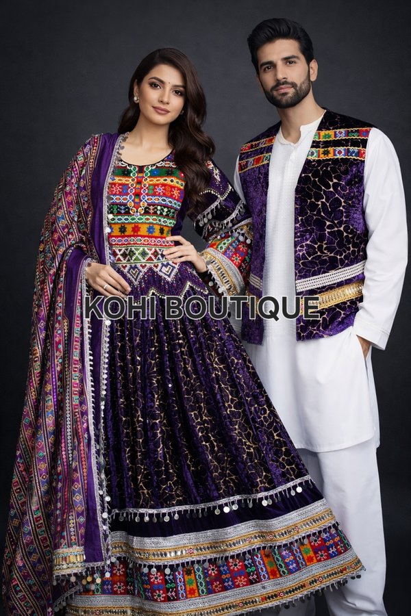 Afghansk Tradisjonelt Komplett Sett – Kjole, Sjal og Herrevest