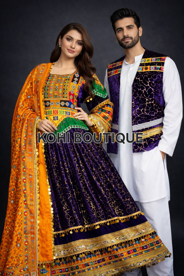 Komplett Afghansk Tradisjonelt Sett – Kjole, Sjal & Herrevest