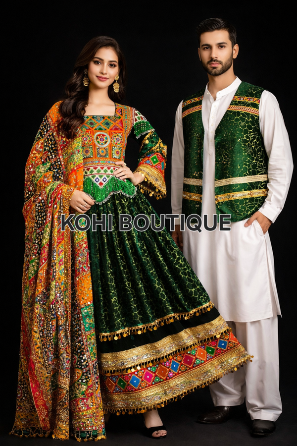 Komplett afghansk festsett – kjole, sjal og herrevest