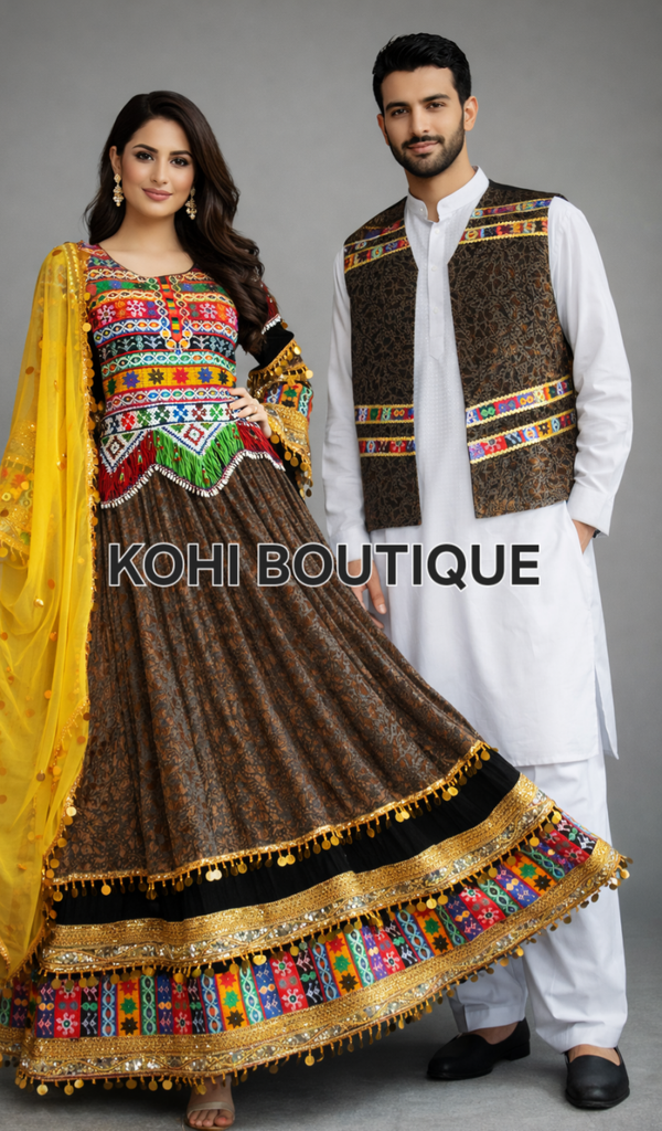 Komplett Afghansk Festdrakt – Kjole, Sjal & Herrevest