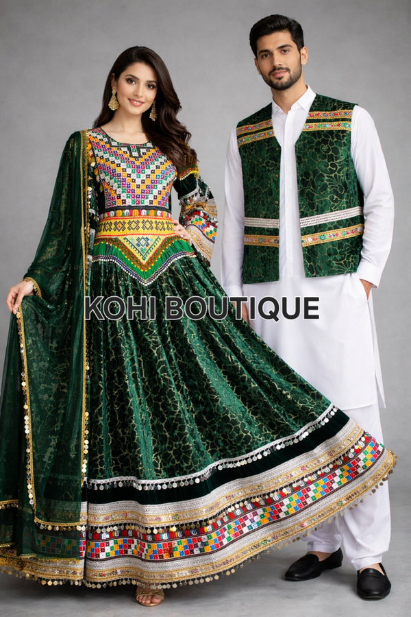 Komplett afghansk festsett – kjole, sjal og herrevest