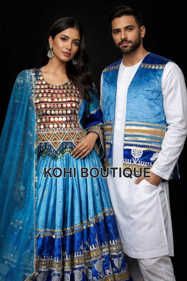 Håndbrodert afghansk kjole i blå toner – med matchende herrevest