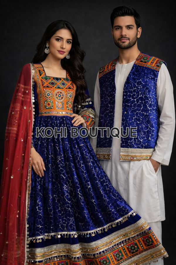 Eksklusivt afghansk komplett sett – kjole, sjal og herrevest