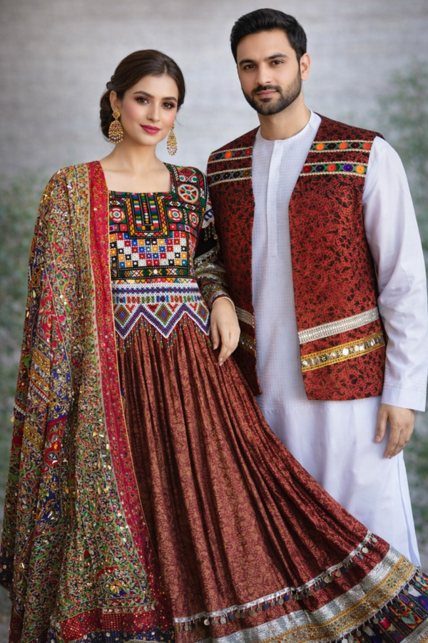 Afghansk Tradisjonelt Komplett Sett – Kjole, Sjal og Herrevest