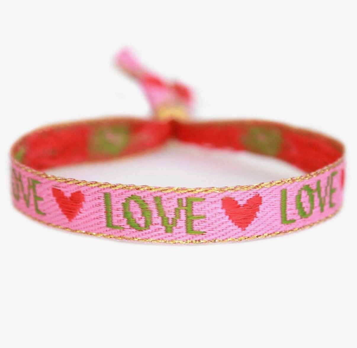 Geweven festivalarmband met 'love' in roze, groen en rood