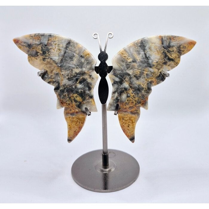 Bumblebee Jasper Butterfly Crystal Carving with Metal Stand Vlinder Edelsteen