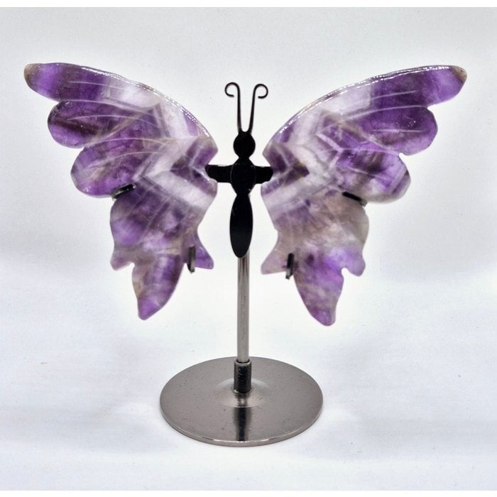 Chevron (dream) Amethist Butterfly / Vlinder geslepen Edelsteen met Metalen Standaard